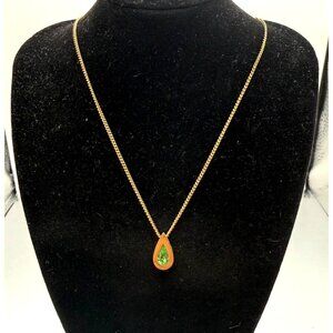 Vintage Avon Gold Tone Teardrop Necklace Green Crystal Pendant